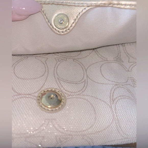 COACH Penelope Gold Metallic & Tan Linen, Gold Leather Clutch/Wristlet Small Bag - Picture 9 of 11